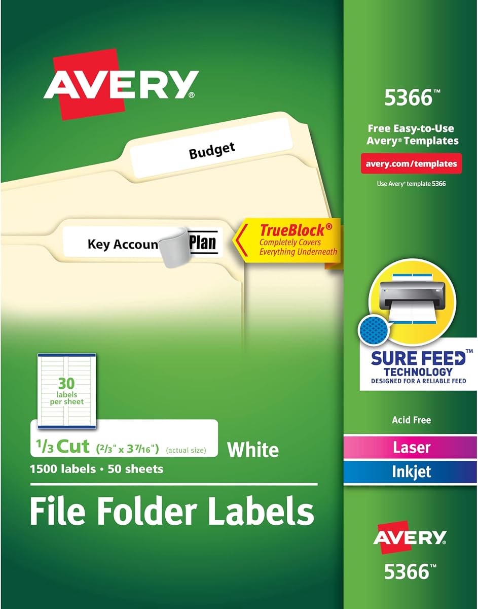 Avery TrueBlock Etiquetas para carpetas de archivos, 2/3" x 3-7/16", 1500 etiquetas imprimibles, blanco, permanente (5366)
