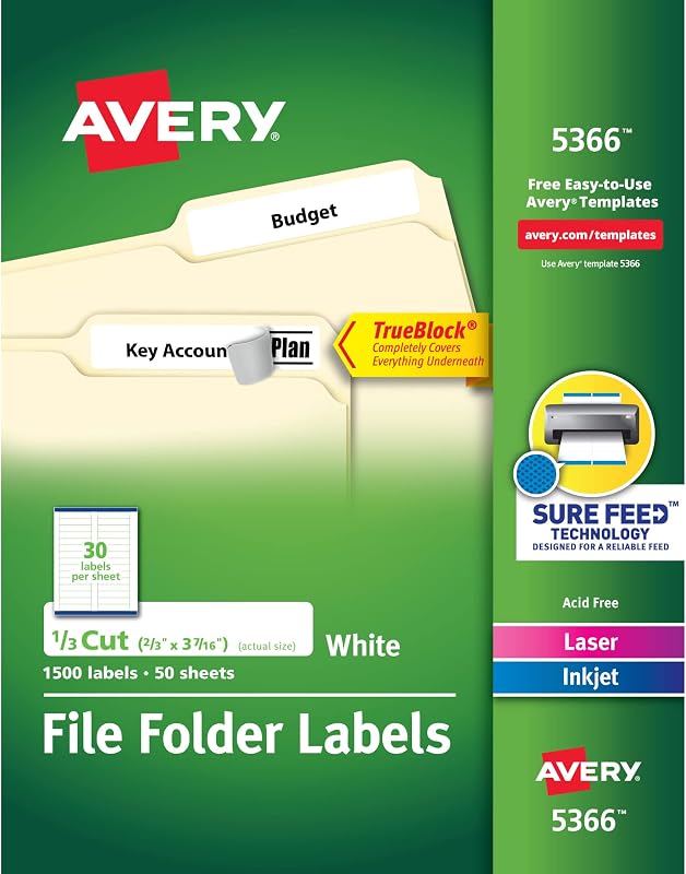 Avery TrueBlock Etiquetas para carpetas de archivos, 2/3" x 3-7/16", 1500 etiquetas imprimibles, blanco, permanente (5366)
