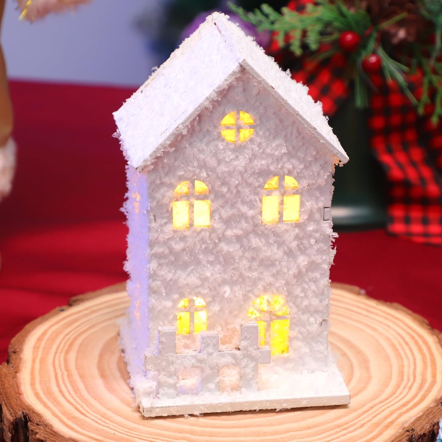 Zerodeko Christmas Glowing Wooden Houses, 3pcs Led Light-up Decorative Cabins, White Snow Village Ornaments for Holiday Home Decor, 4. 72 X 2. 95 X 2. 83 Inch