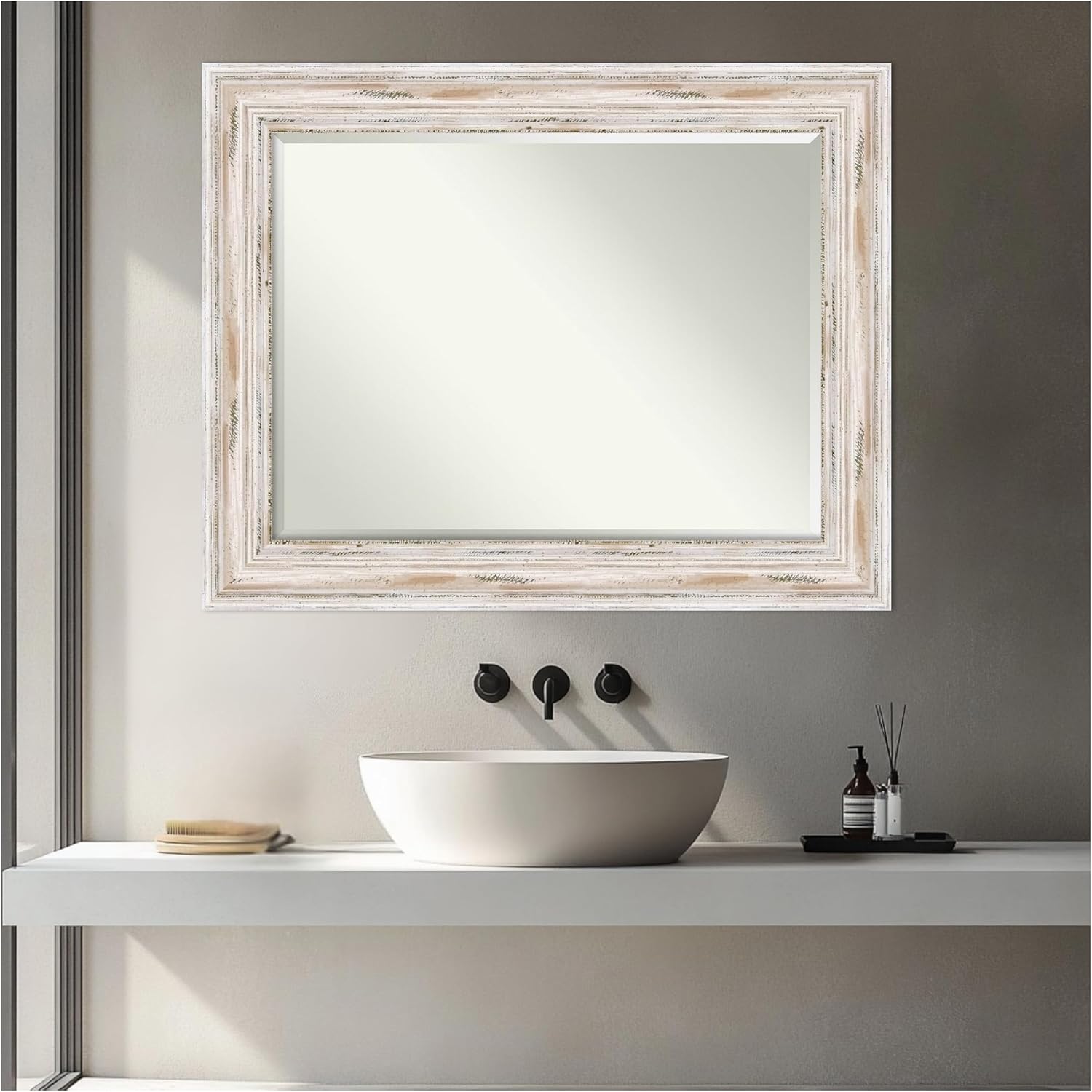 Amanti Art White Bathroom Mirror for Over Sink, 29x23 Alexandria White Wash Rectangle Vanity Mirror, Medium Coastal Wood Frame, Hangs Horizonally and Vertically, Bathroom Wall Decor, Beveled Edge