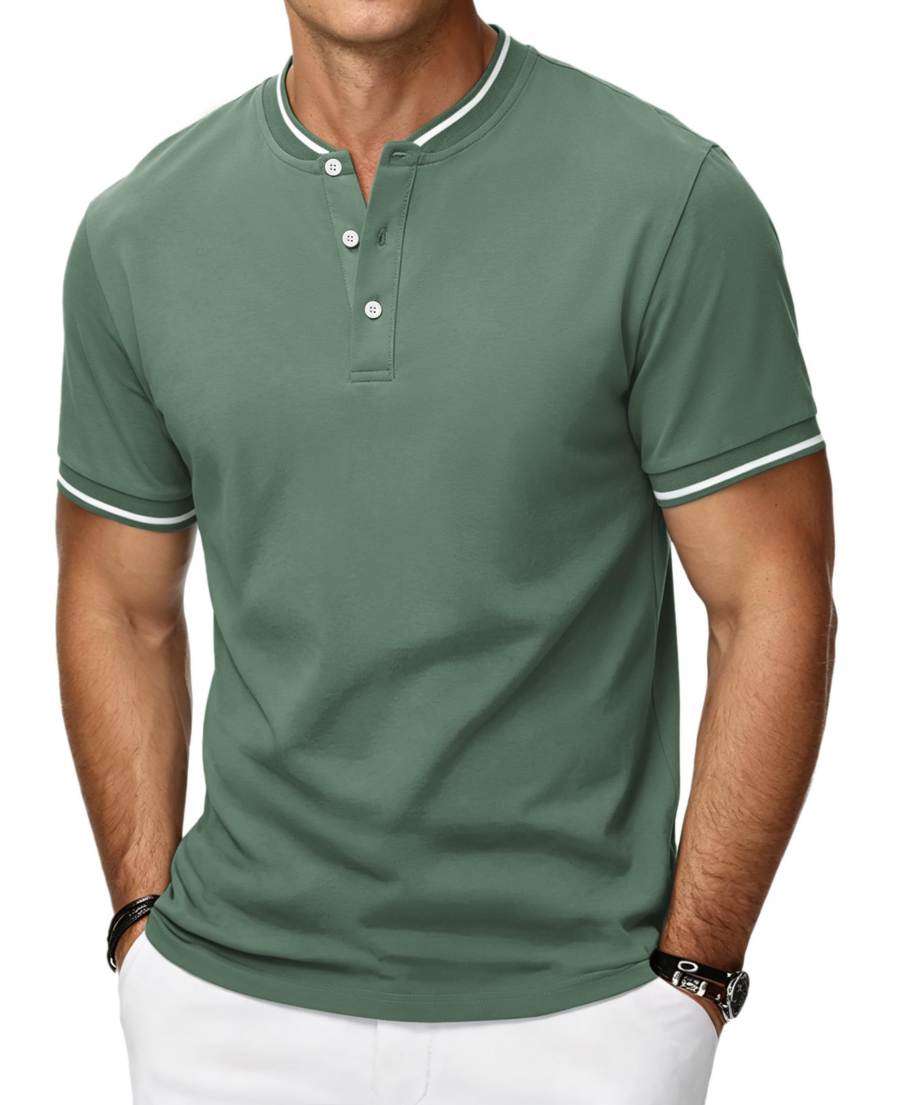 HMIYA Poloshirt Herren Kurzarm Atmungsaktiv Baumwolle Sommer Henley Knopfleiste Kontrastierender Einfassung Basic Golf T-Shirts