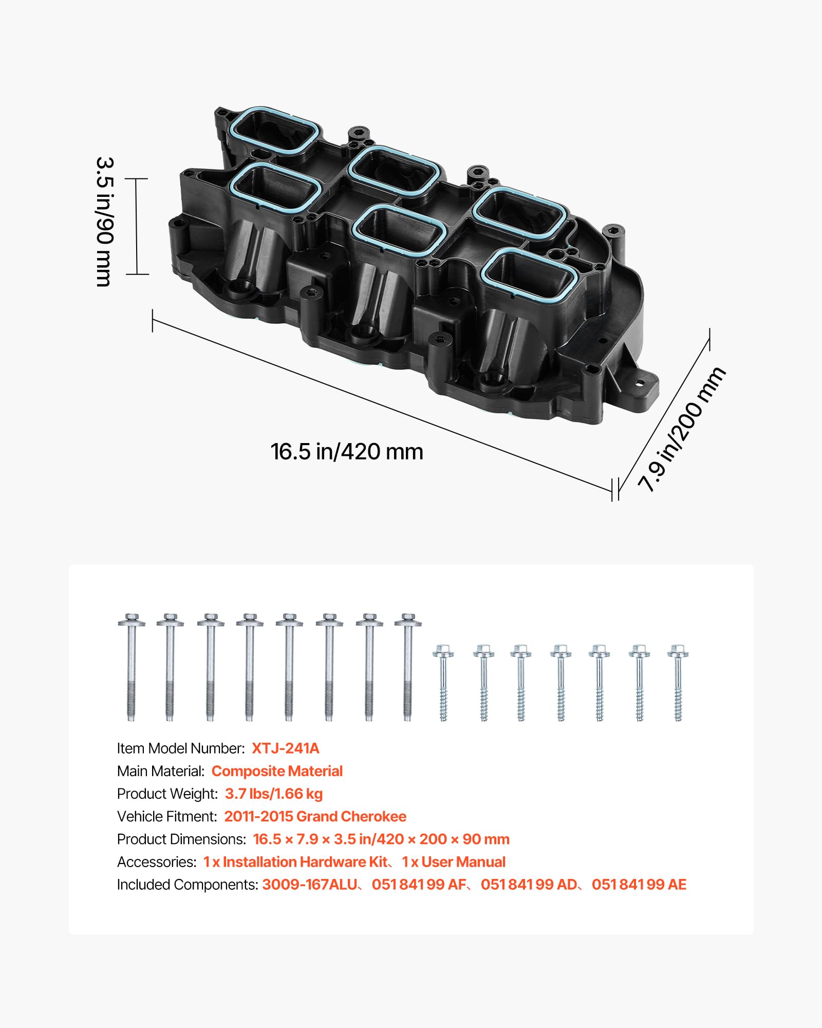 VEVOR Collettore di Aspirazione con Guarnizione, Compatibile con Grand Cherokee 2011-2015, la Sostituzione del Collettore 3009-167ALU, 051 841 99 AF, 051 841 99 AD, 051 841 99 AE, Alta Qualità