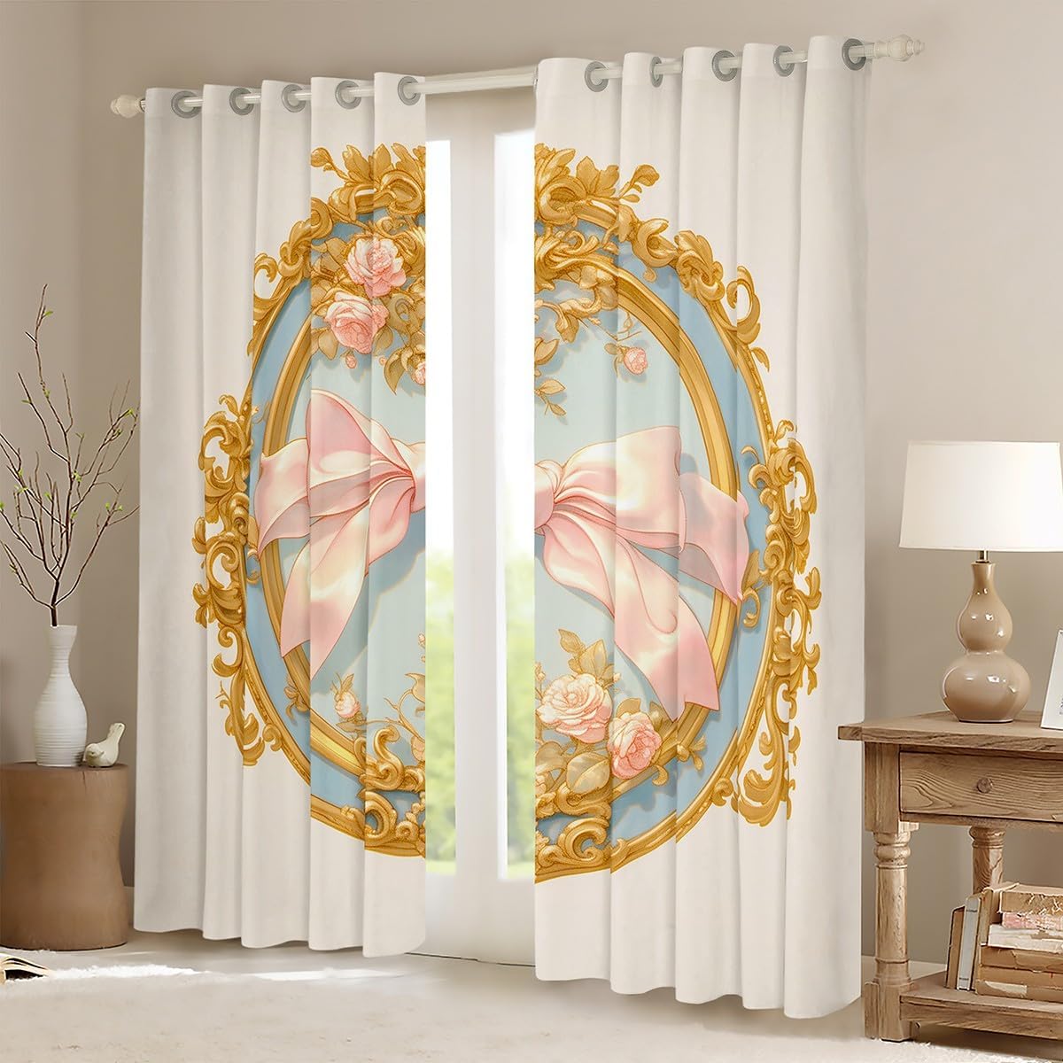 Feelyou Boys Girls Pink Bowknot Blackout Curtains Dreamy Princess Window Curtains Kids Cute Cartoon Darkening Drapes Watercolor Bow Window Treatments Bedroom Decor (2 Panels, 38 x 54 Inch)