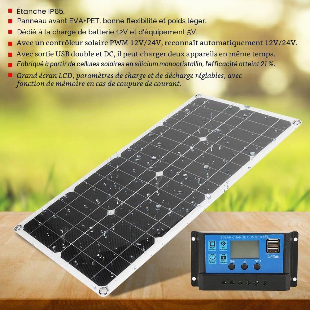 Panneau Solaire Avec Contrôleur PWM 12V/24V, Panneau Solaire en Silicium Monocristallin étanche IP65 Double USB 20w, Courant 10A/20A/30A en Option(30A)
