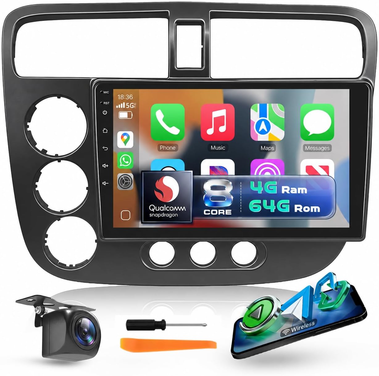 8-Core 4G+64G Car Stereo for Honda Civic 2001-2005, 9-Inch 1280P QLED Touchscreen Car Radio with 5G WiFi Wireless Carplay Android Auto DSP Bluetooth5.1 GPS Navi SWC Backup Camera