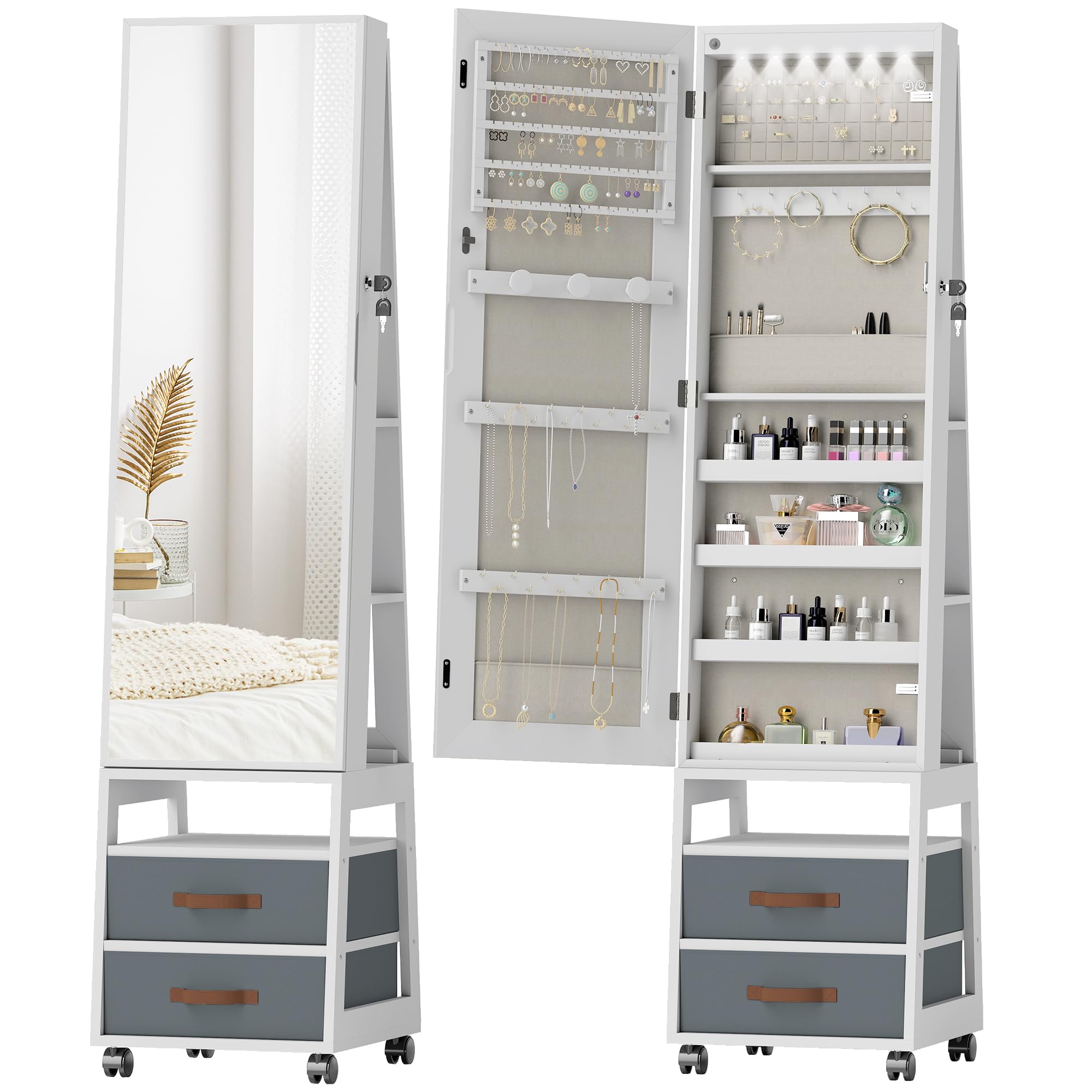 HOMCOM Espejo Joyero con Luces LED Interior, Armario para Joyas con Ruedas, Armario Joyero con Espejo Entero, Giratorio de 360°, Estantes Abiertos, Cajones de Tela, Blanco y Forro Crema