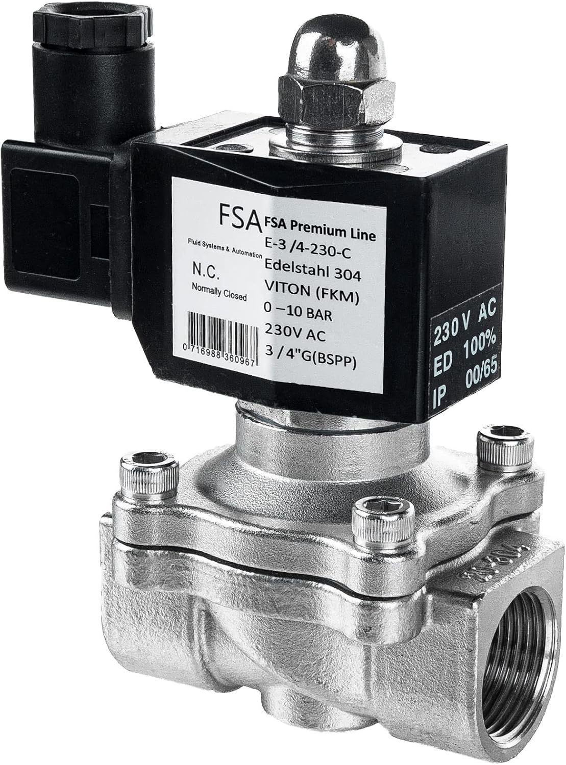 Elettrovalvola FSA In Acciaio Inox 304 1/2" 12V DC - Normalmente Aperta (NO), 0-8 Bar