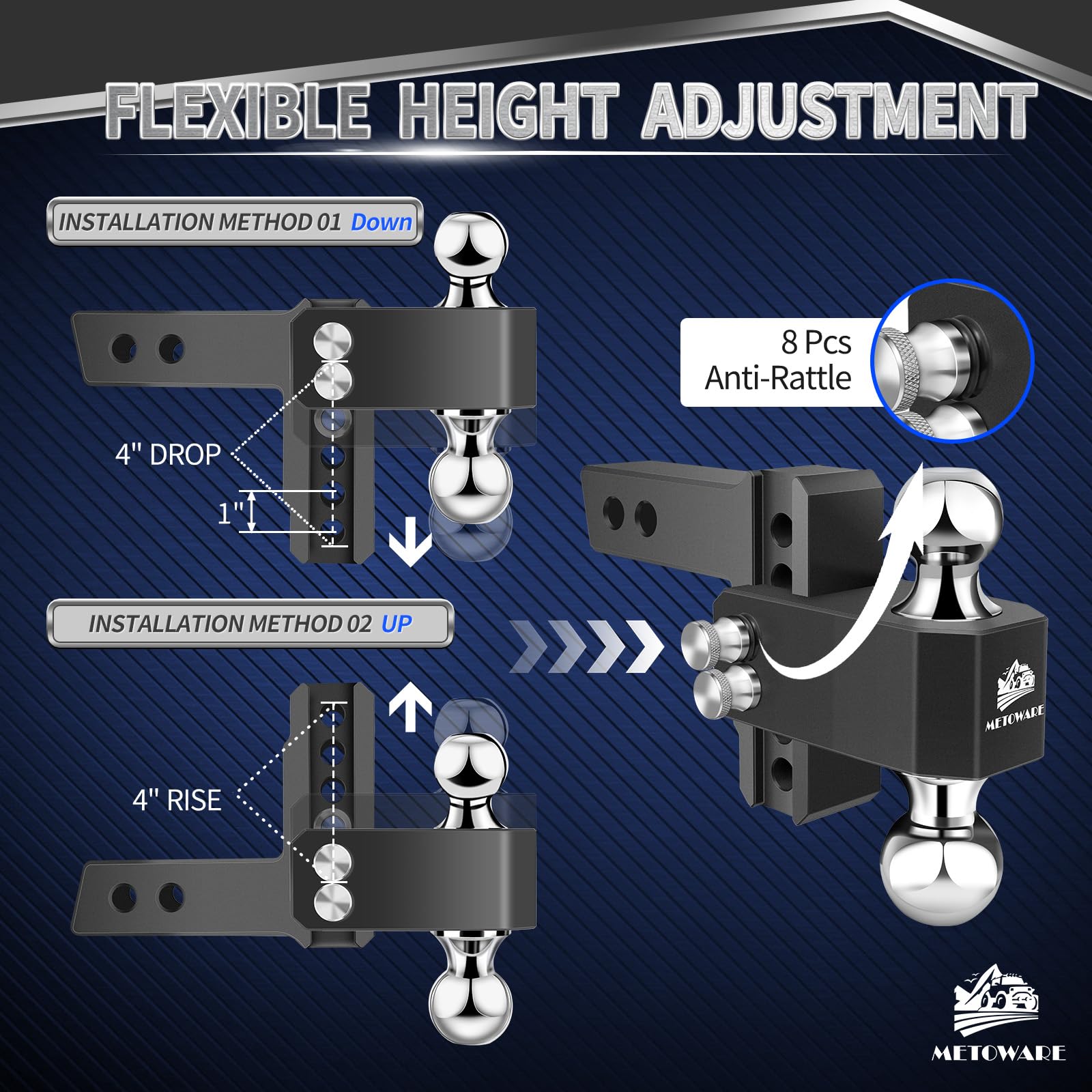 Snapklik.com : METOWARE Adjustable Trailer Hitch - Aluminum Tow Hitch ...