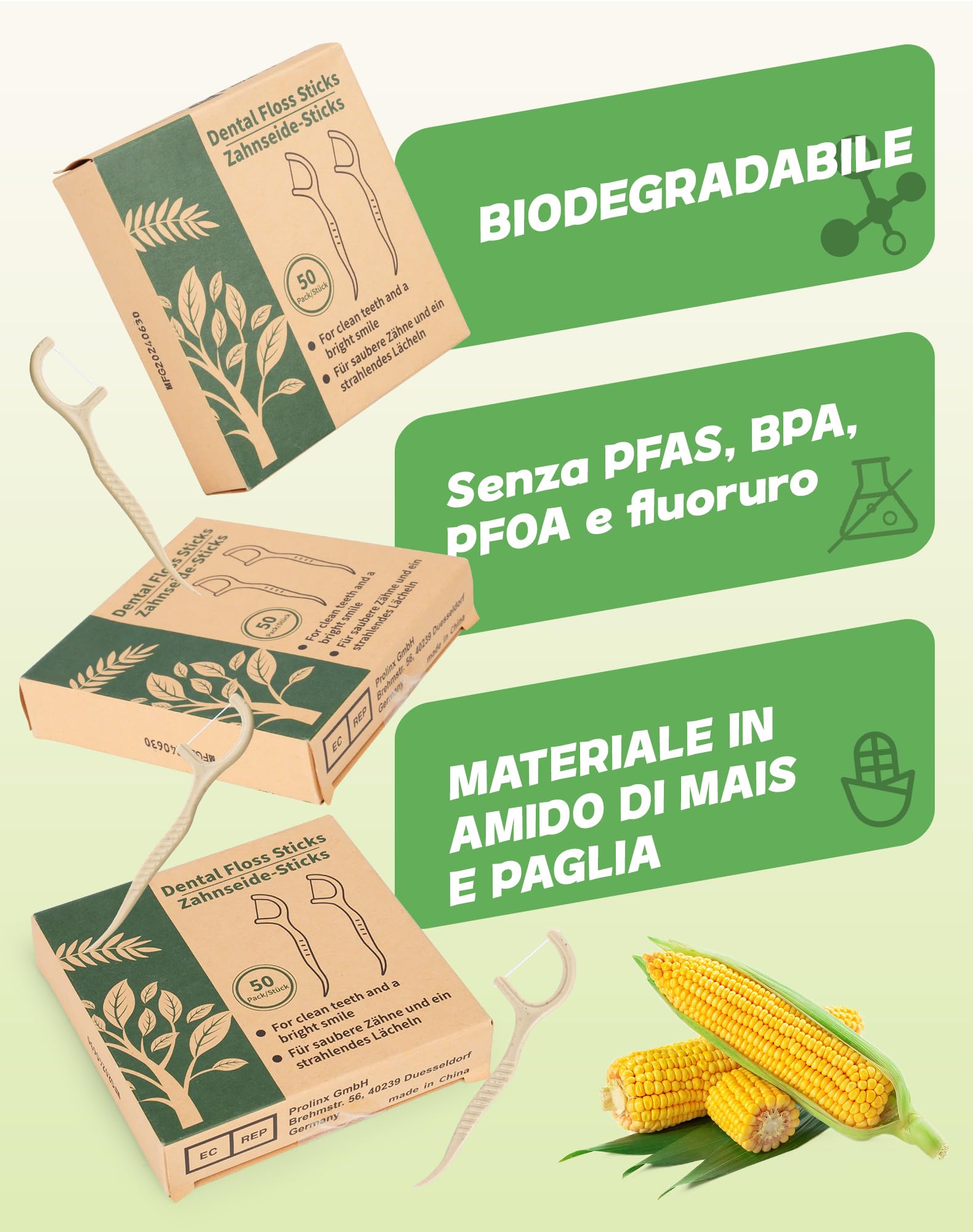 300x filo interdentale ecologico archetti filo interdentale senza plastica forcelle interdentali biologico Bastoncini filo interdentale in Mais e paglia naturale dental floss picks (6x50)