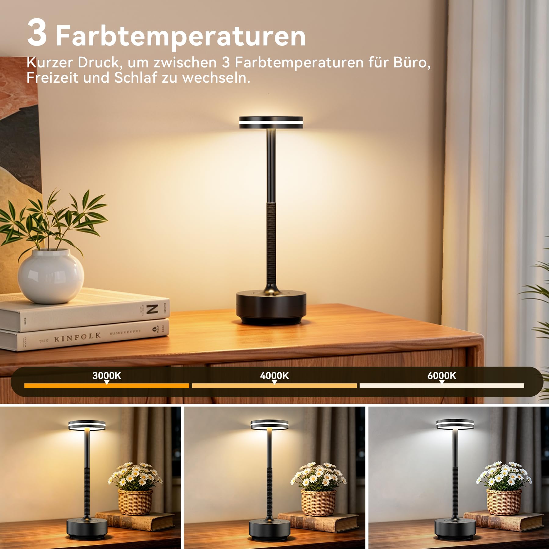 2 Stück Aluminium LED Tischlampe Kabellos, IP54 Wasserdicht 5000mAh Tischleuchte Kabellos mit Memory Funktion, Nachttischlampe Touch ohne Kabel mit 3 Farbtemperatur für Abendessen Restaurant (Schwarz)