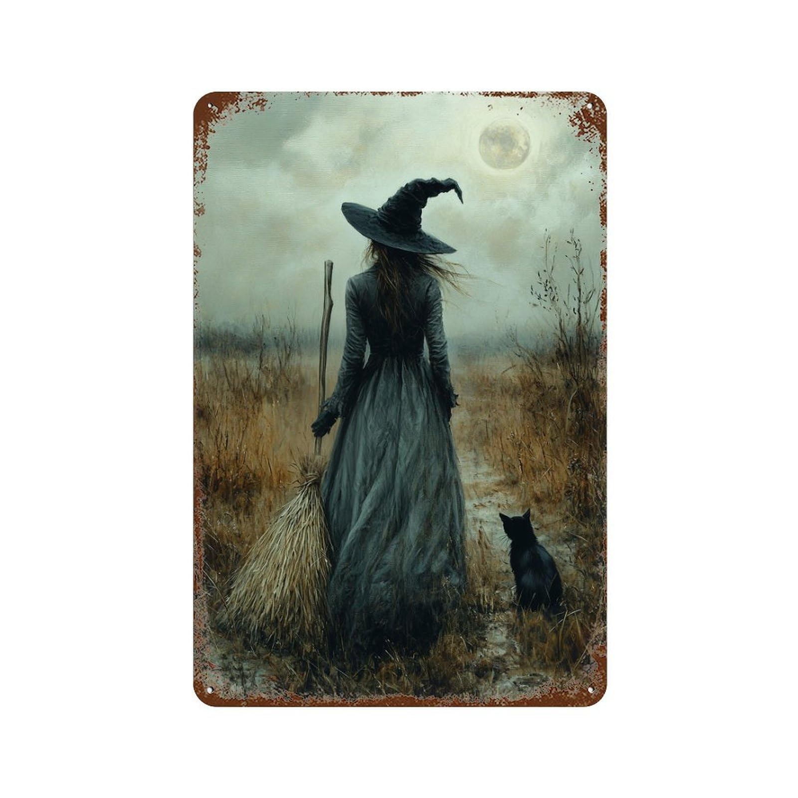 Spooky Witch with Black Cat Vintage Rust Metal Sign 11.8"x7.9", for Garage, Bar And Workshop Decor, Decorative Metal Wall Art