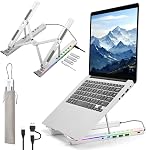 Laptop Stand with USB、Type C and RGB Lights, Aluminum Adjustable Foldable Laptop Stand for Desk, Ergonomic Portable Laptop Riser Holder Compatible with Laptops and iPad 10-15.6", Silver