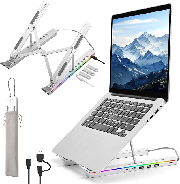 Laptop Stand with USB、Type C and RGB Lights, Aluminum Adjustable Foldable Laptop Stand for Desk, Ergonomic Portable Laptop Riser Holder Compatible with Laptops and iPad 10-15.6", Silver
