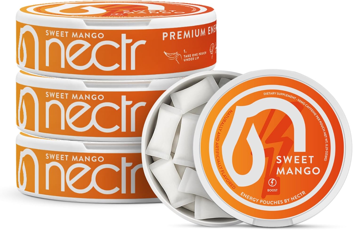 Nectr Energy 50mg Caffeine Pouches - Sweet Mango Flavored, Sugar-Free Brain Treats. 20x Mini Nicotine-Free Pouches Per Puck. Fast Focus & Energy Supplement - 4 Pack