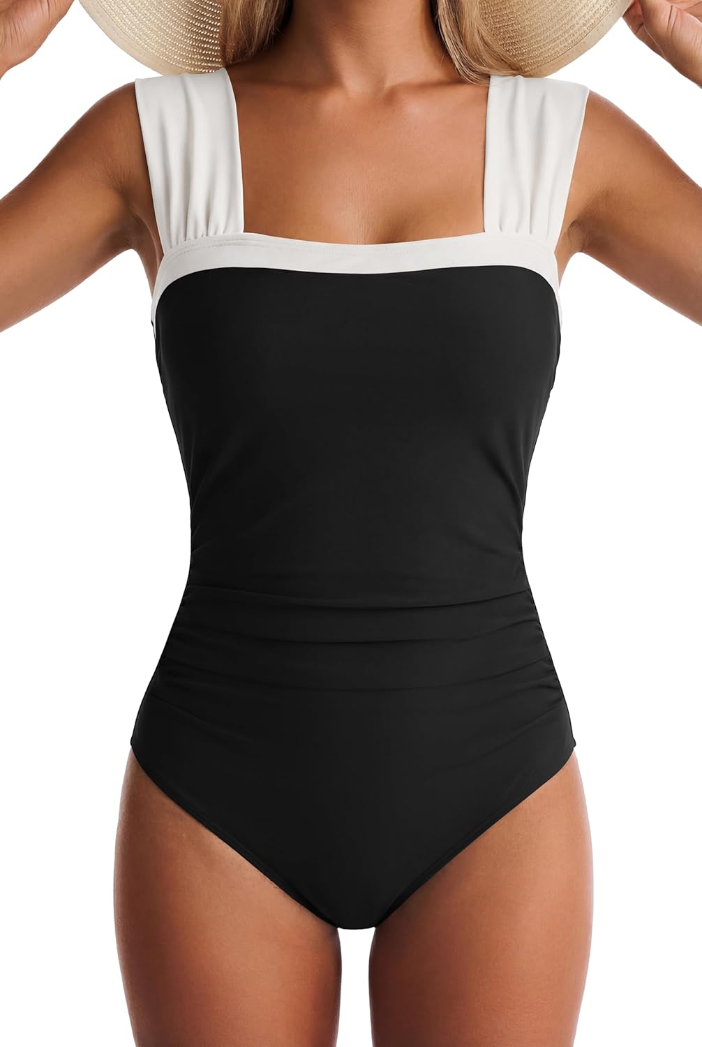 One Piece Swimsuit for Women Tummy Control Bathing Suits Full Coverage Wide Straps Swim Suit Color Block Swimwear