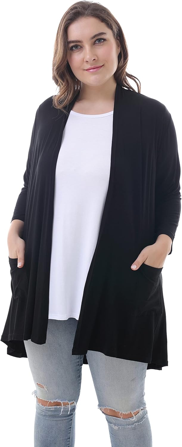 ZERDOCEAN Women's Plus Size 3/4 Sleeve Lightweight Soft Printed Drape Cardigan with Pockets - Image 2