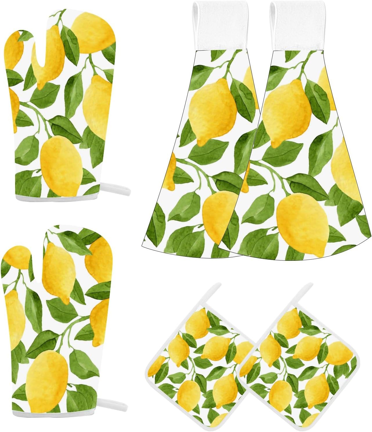 6 Pcs Value Pack Kitchen Towel with Loop Ultra Soft Absorbent Tie Towel Heat Resistant Long Oven Mitts and Pot Holders Sets Pot Holders for Kitchen,Cooking,Baking, Lemons and Green Leaves