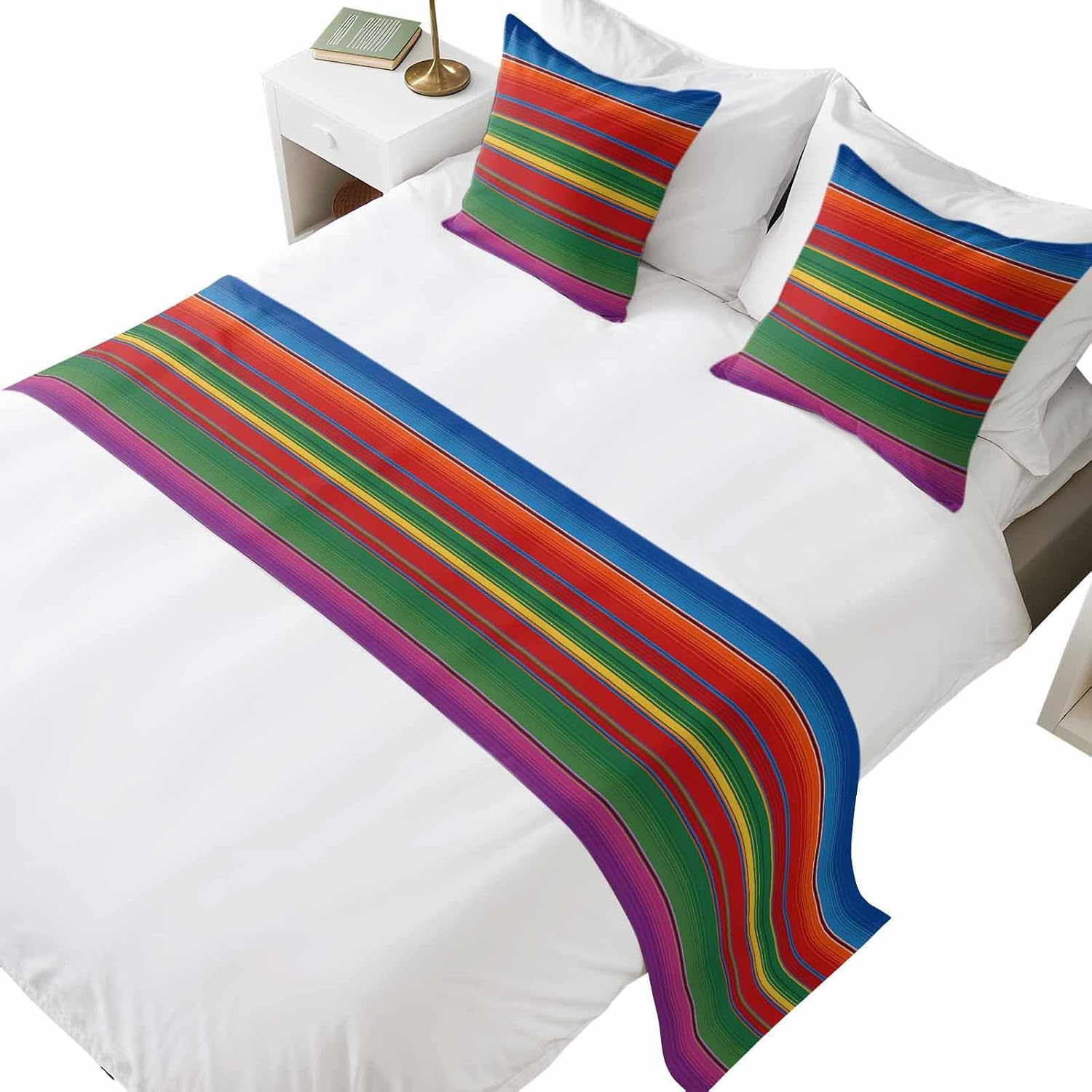 Rainbow Stripes Designer Bed Runner Set, Abstract Vintage Red Blue Yellow Green Purple Mexican Stripes 83x20in Bed Scarf with 2pcs Double-Sided Pillows Easy Care Bedding Scarves for Bedroom Decor