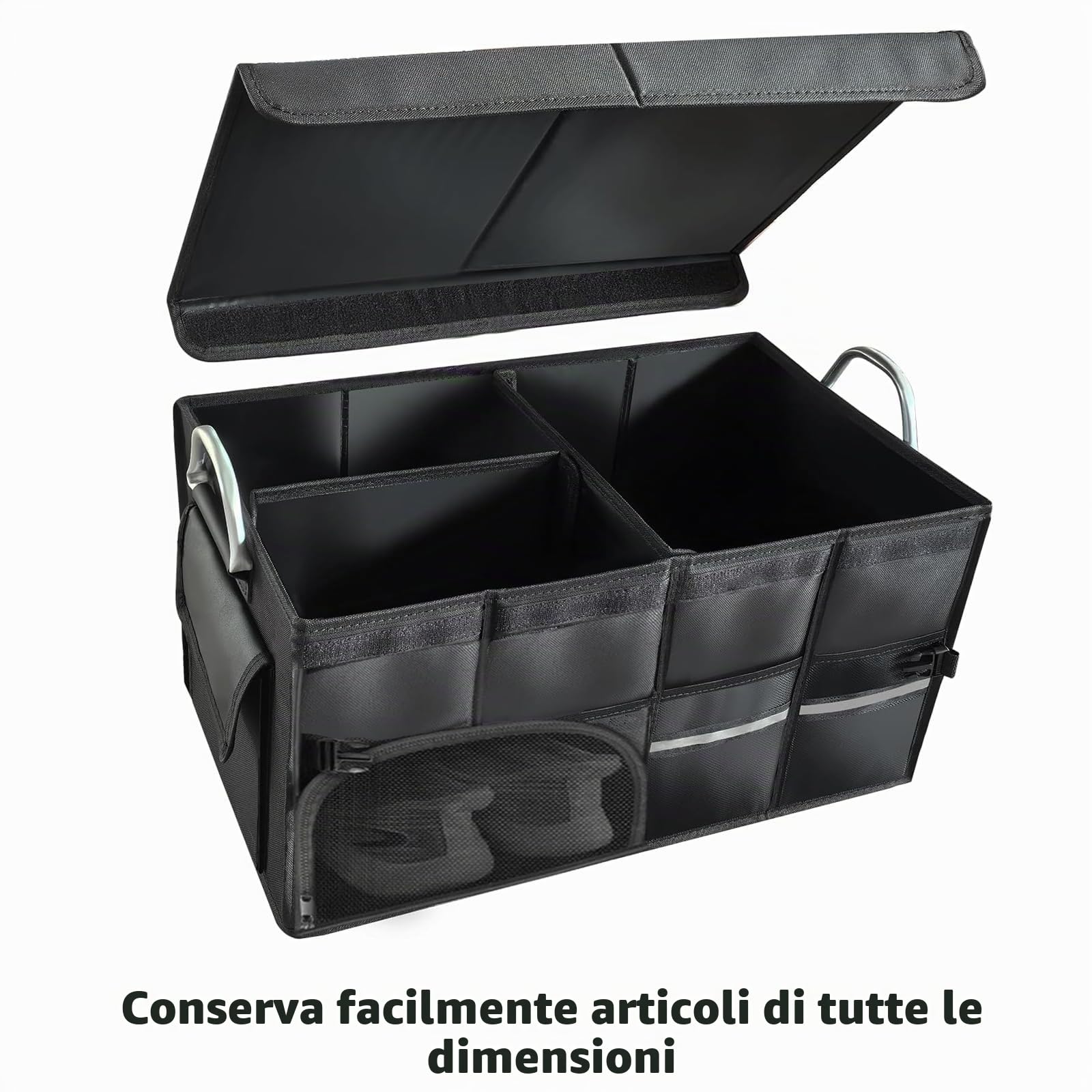Borsa per bagagliaio, Sacchetto di organizzazione per bagagliaio di auto, pieghevole per auto, con scomparti, fondo antiscivolo, coperchio pieghevole