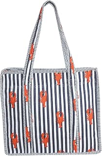 Lobster Print Striped Tote Bag, Nautical Beach Shoulder Bag with Zipper, Travel Bag for unisex