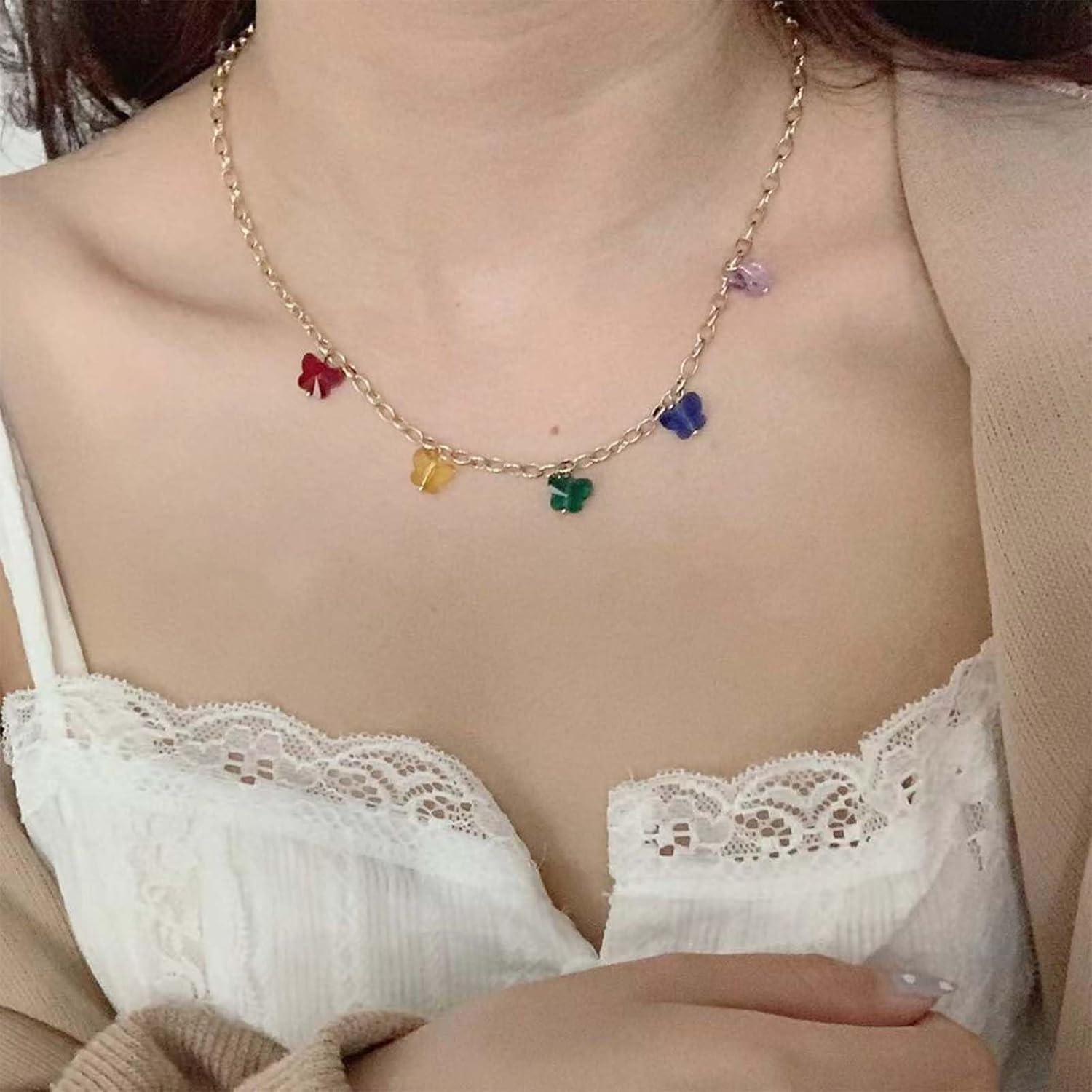 Bohemian Rainbow Butterfly Choker Necklace Colorful Acrylic Butterfly Pendant Necklace Gold Butterfly Collar Necklace Minimalist Butterfly Chain Necklace Jewelry for Women - Image 5