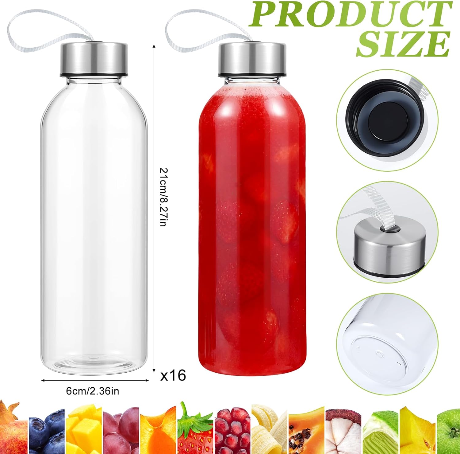 Olgaa 16 Pcs Reusable Clear Water Bottles Bulk for Kids School 17oz with Stainless Steel Leak Proof Lid Portable nylon Handle Carrying Strap for Refrigerator Water Juice Beverage - Image 2