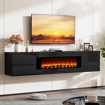 70 Floating TV Stand with Fireplace, Wall Mounted Fireplace Entertainment Center with Storage for TVs Up to 80", High Gloss TV Cabinet for Living Room, No Heat Log Fireplace, Black