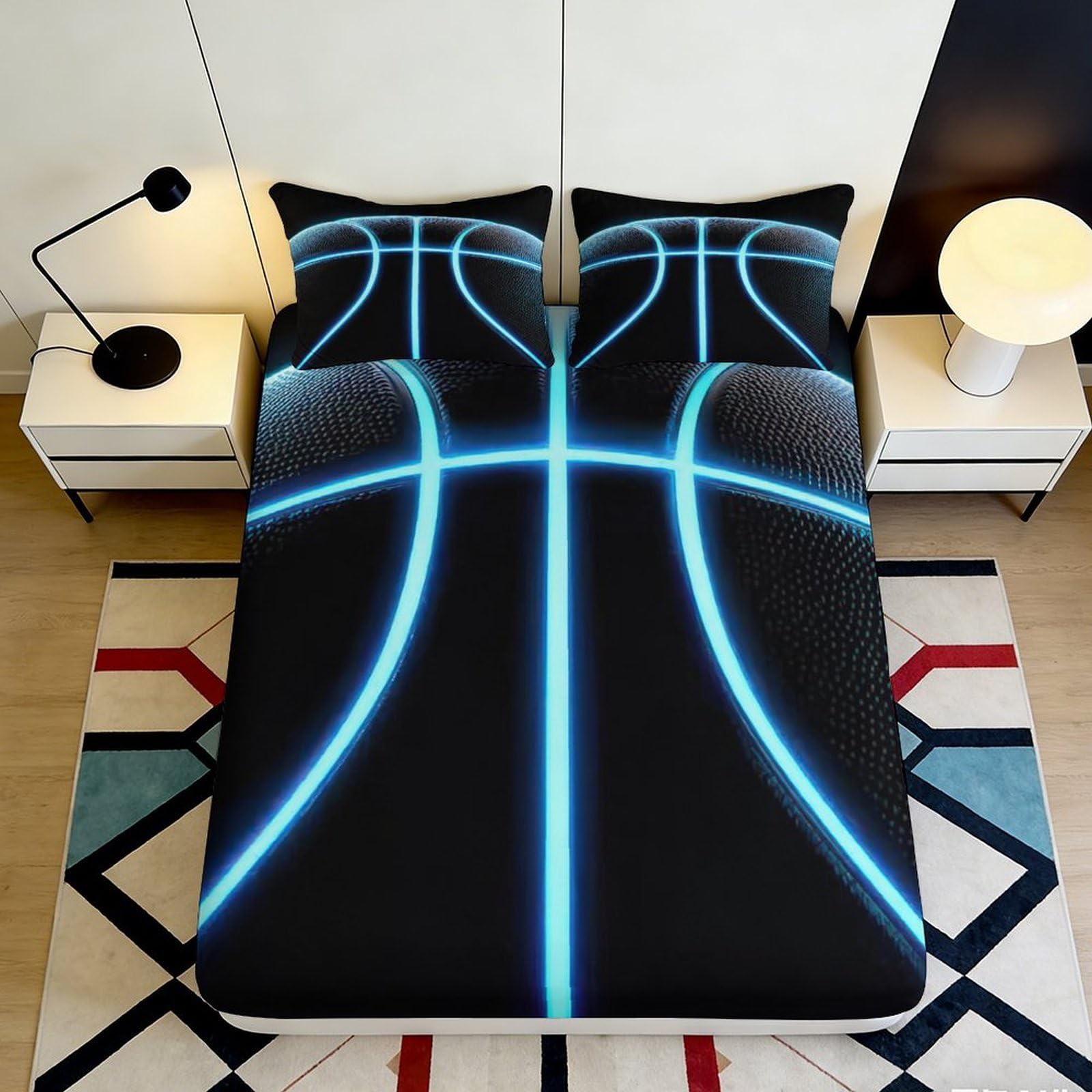 Jqzkxnhpbr Style-2 3D Printed Neon Basketball Fitted Sheet Microfiber Soft Breathable Glow Bed Cover For Bedroom Dorm Mattress Protection Decor 90X200x25cm