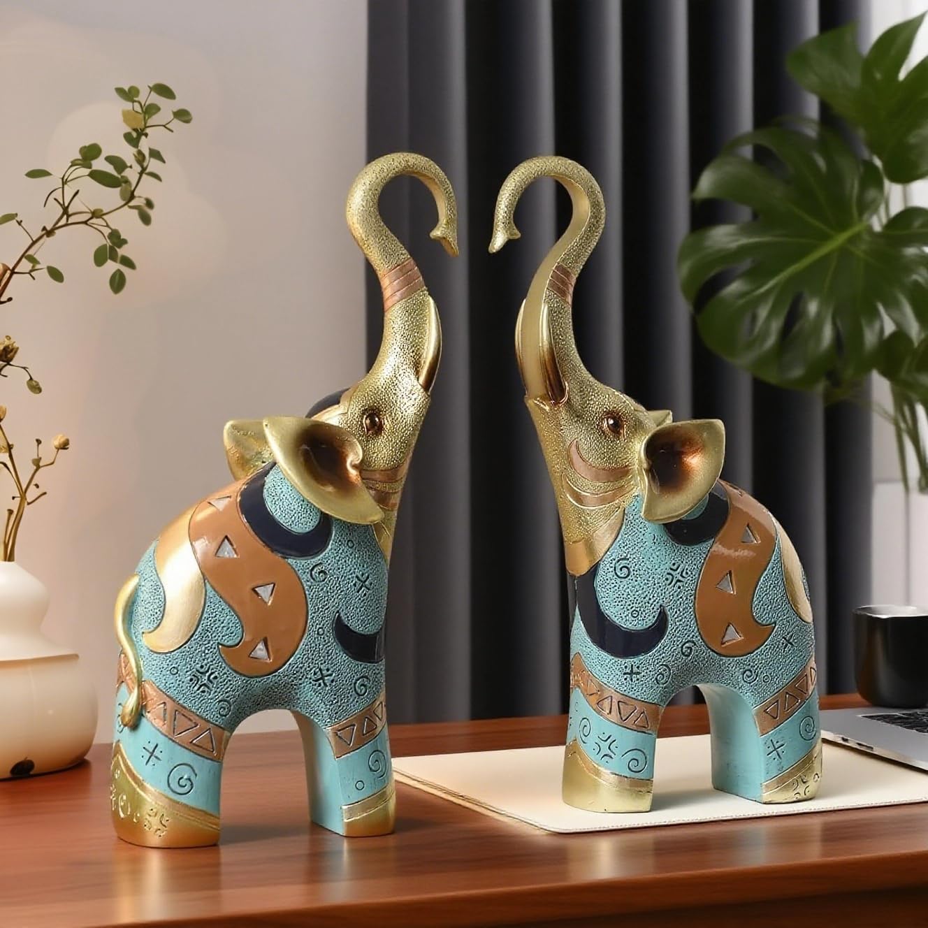 Gold Elephant Statues Decor, 8.46 Inch Good Luck Home Decor Figurine, Resin Art Sculptures and Statues, Animal Gifts Home Tabletop Decoration, Living Room, Bathroom, Office,Bookshelf (2 Pack)