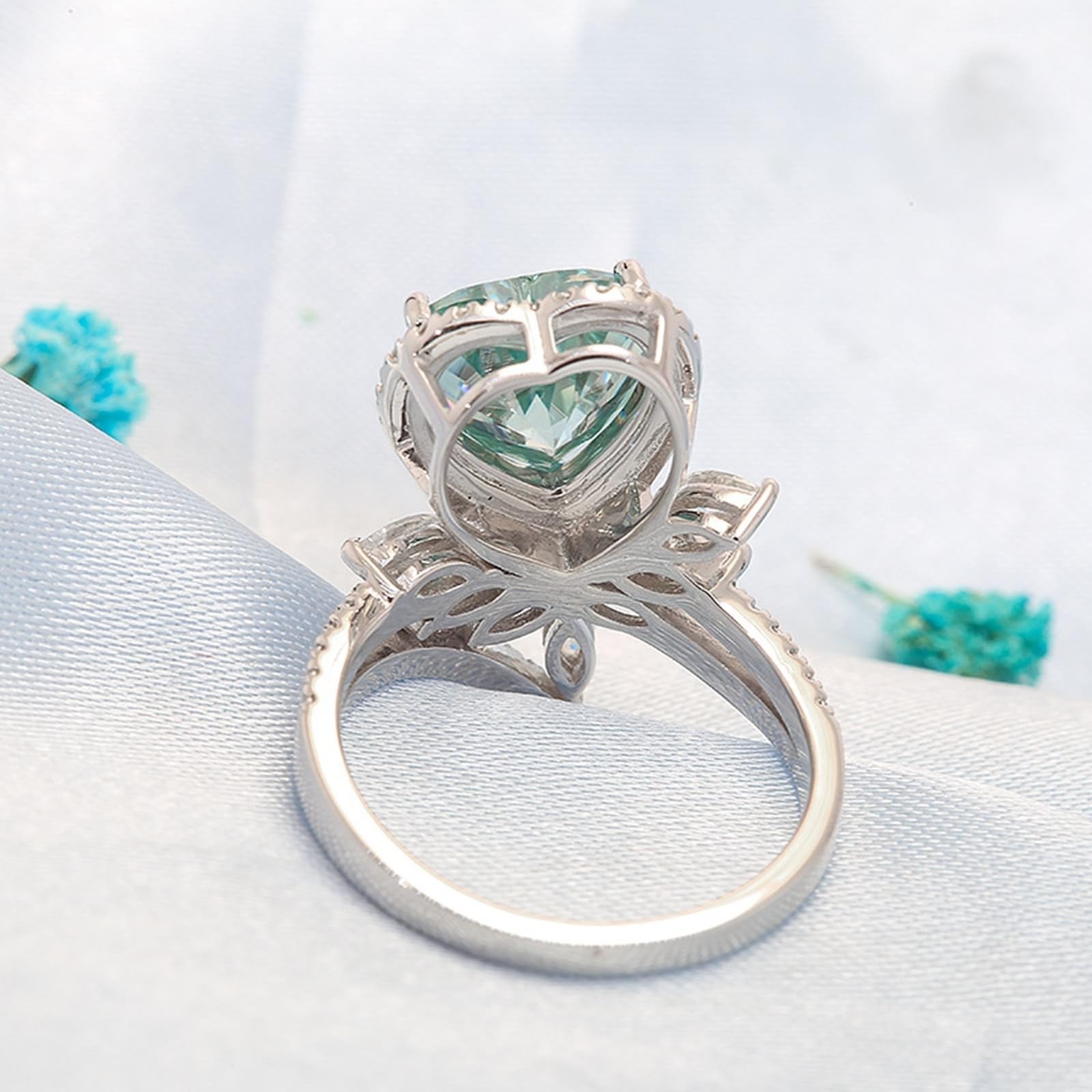 Anillo de compromiso de oro blanco de 14 quilates, anillos para mujer con corazón de flores