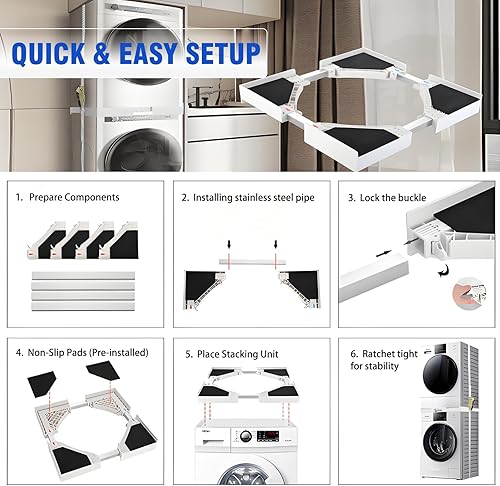Miniatura 5 de Kit de apilamiento universal para lavadora y secadora para máquinas de carga frontal de 24 a 29 pulgadas con marco ajustable y correas de trinquete,