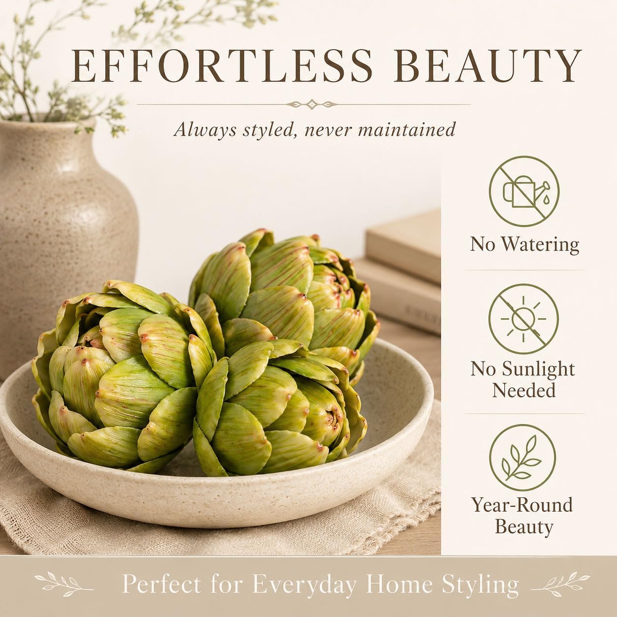 Artificial Artichoke Decor Set of 3, Realistic Faux Green Artichokes for Kitchen Counter, Coffee Table, Dining Table & Farmhouse Home Decor, Rustic Bowl Fillers