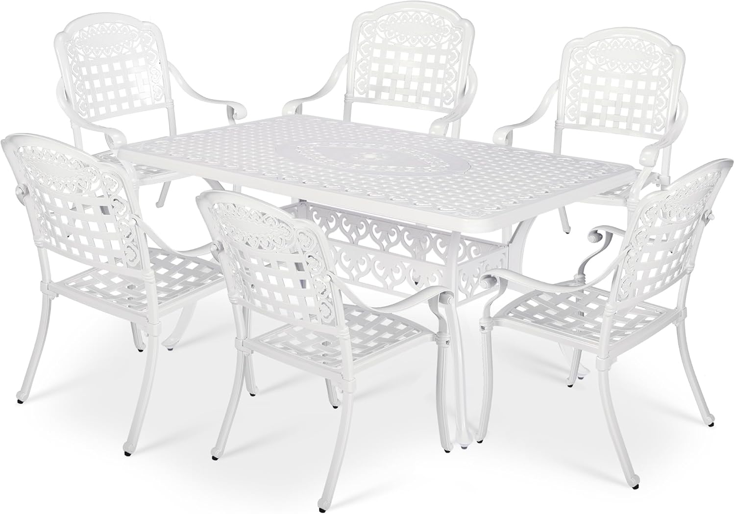 VIVIJASON 7-Piece Patio Furniture Dining Set, All-Weather Cast Aluminum Outdoor Conversation Set, Include 6 Chairs and a Rectangle Table with Umbrella Hole for Balcony Lawn Garden Backyard, White