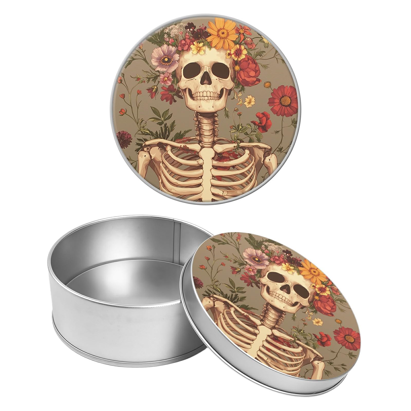 Round Metal Tin Container with Removable Lid, Flower Skulls Durable Metal Storage Box for Crafts Snacks Candies Office Supplies Small Items 3.54 x 1.38 inch– Single Pack