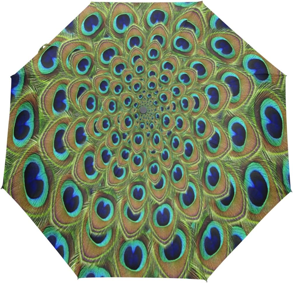 WOZO Green Mandala Feather Peacock 3 Folds Auto Open Close Umbrella