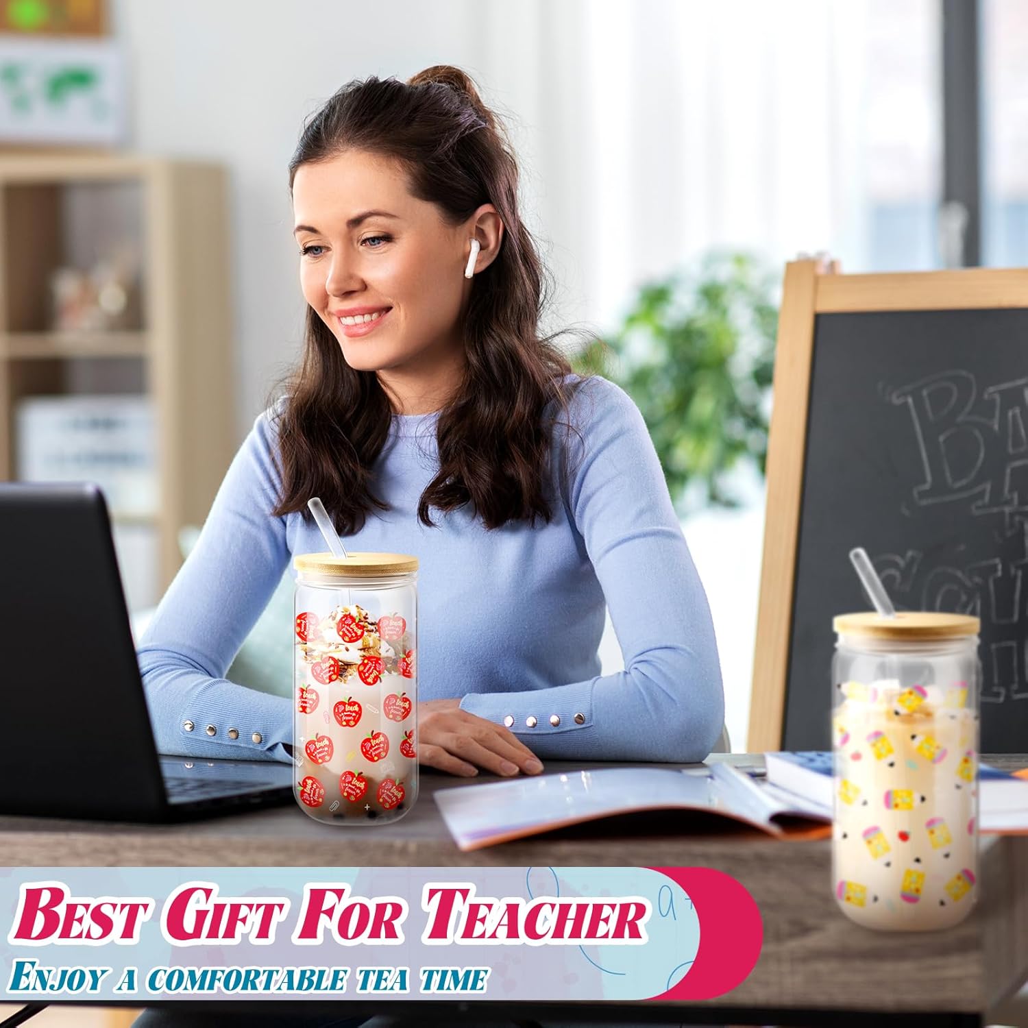 2 Set Teacher Appreciation Gifts Teacher Appreciation Glass Cups 16 oz Iced Coffee Glasses Cup with Bamboo Lids Smoothie Cups Apple and Pencil Glass Cup Tumbler for Women Teacher Valentines - Image 4