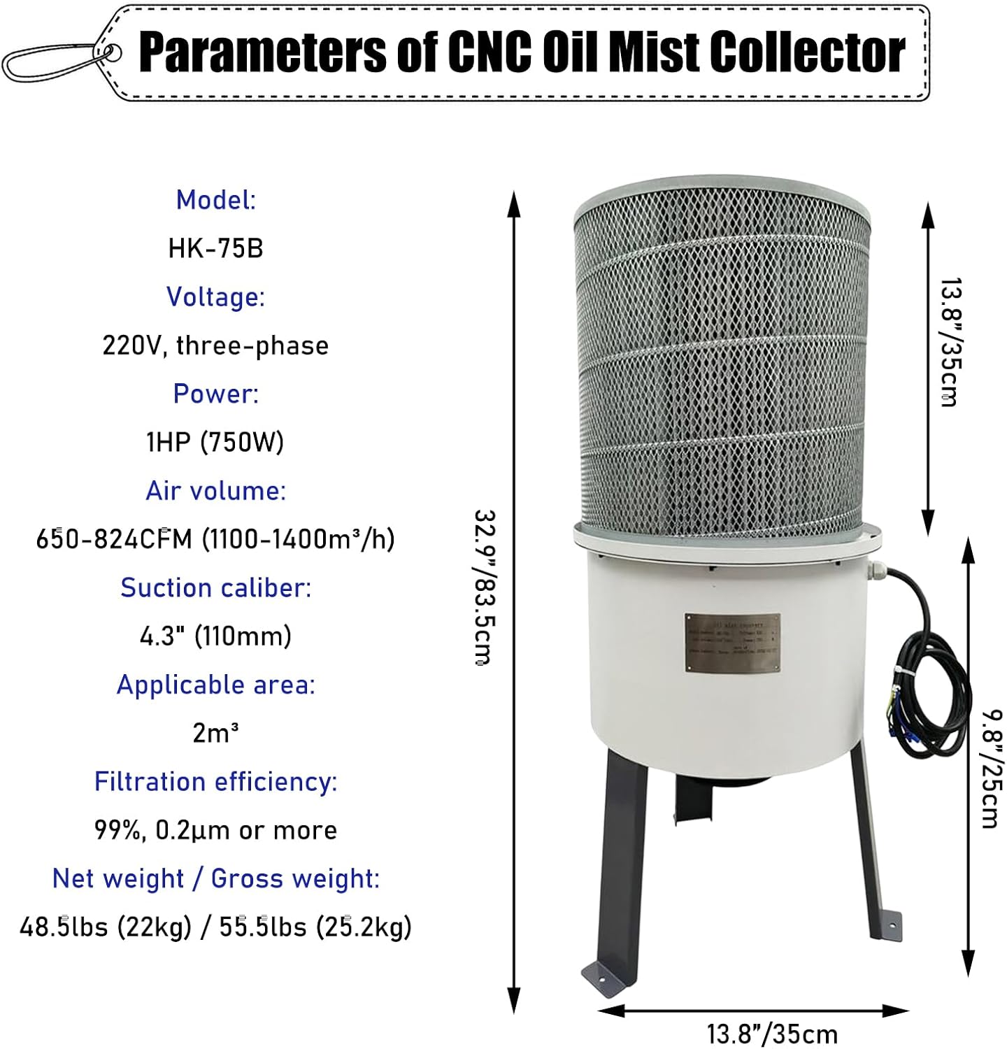 Industrial Oil Fume Purifier CNC Oil Mist Collector CNC Oil Mist Purifier 650-824CFM Industrial CNC Soot Purifier 3PH 1HP CNC Machine Tool, 220V Three-Phase