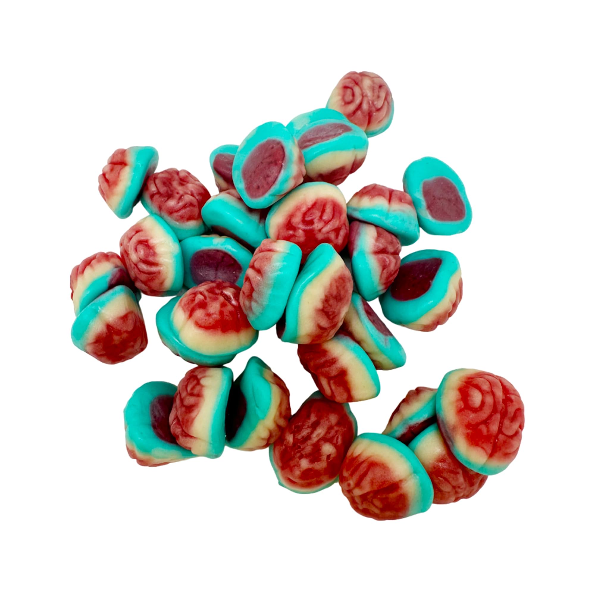 Gummi Brains Candy - 2 LB Resealable Stand Up Candy Bag - Halloween Themed Blue and Red Gummi Treats - Strawberry Flavored with Fruity Jelly Center - Bulk Scary Candy for Party Favors