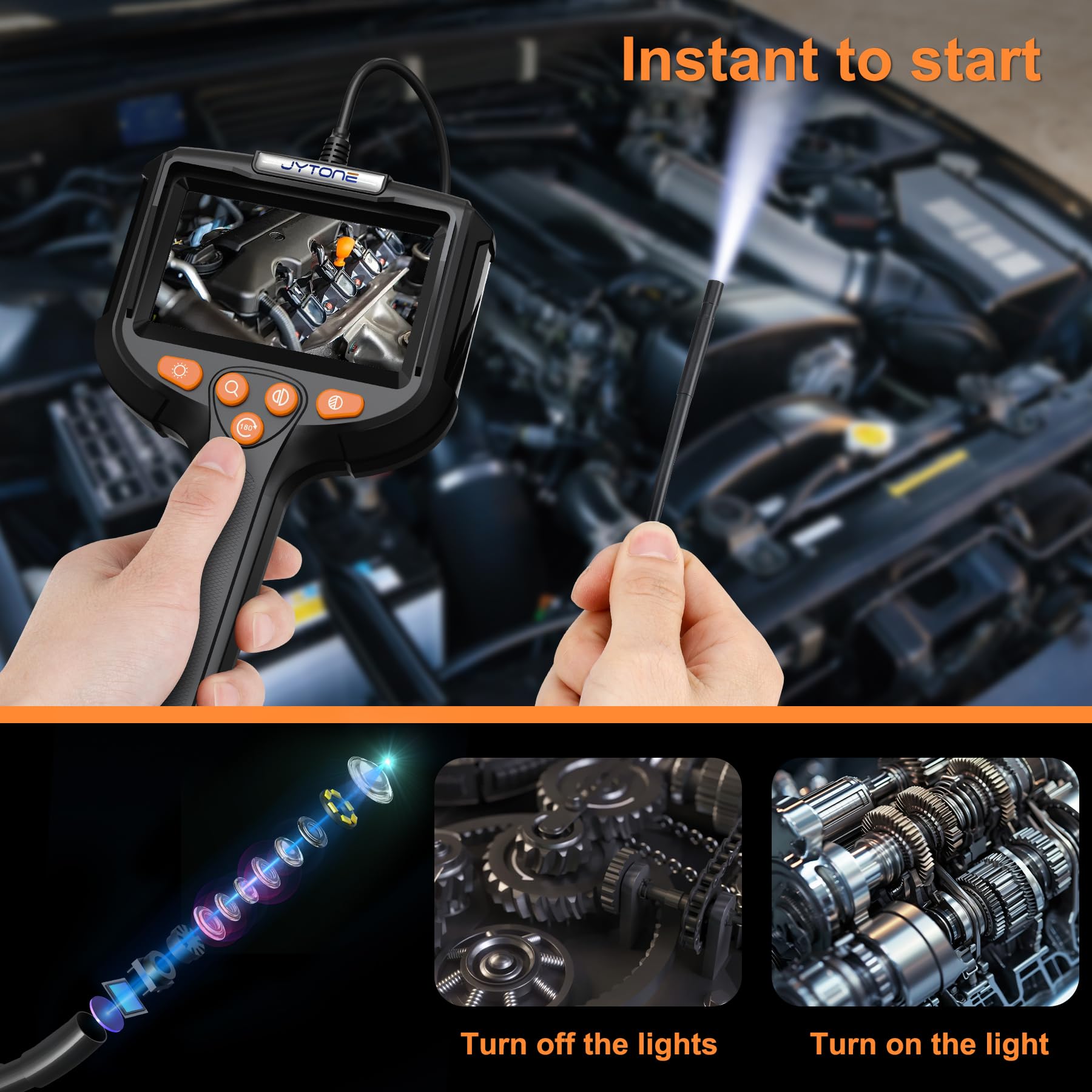 Cámara endoscópica con luz, 10,9 cm de inspección endoscopio industrial con lente de 8 mm, cámara de serpiente flexible impermeable de 5 m para mecánico automotriz, mantenimiento de motores y