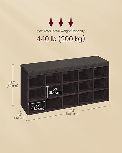 Miniatura 3 de VASAGLE - ULHS15BR Banco para guardar zapatos, con cojín y 15 compartimentos, mueble para almacenar calzado que soporta hasta 440 libras, para el