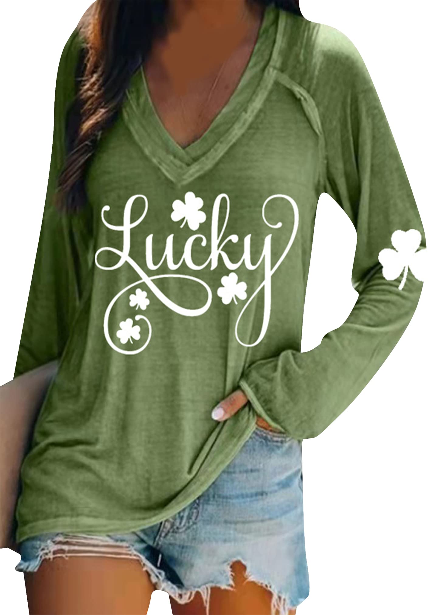 BOFETA Women St Patricks Day Sweatshirts Loose Long Sleeve Shirts Green Shamrock Print Blouse Flowy Color Block Pullover Tops