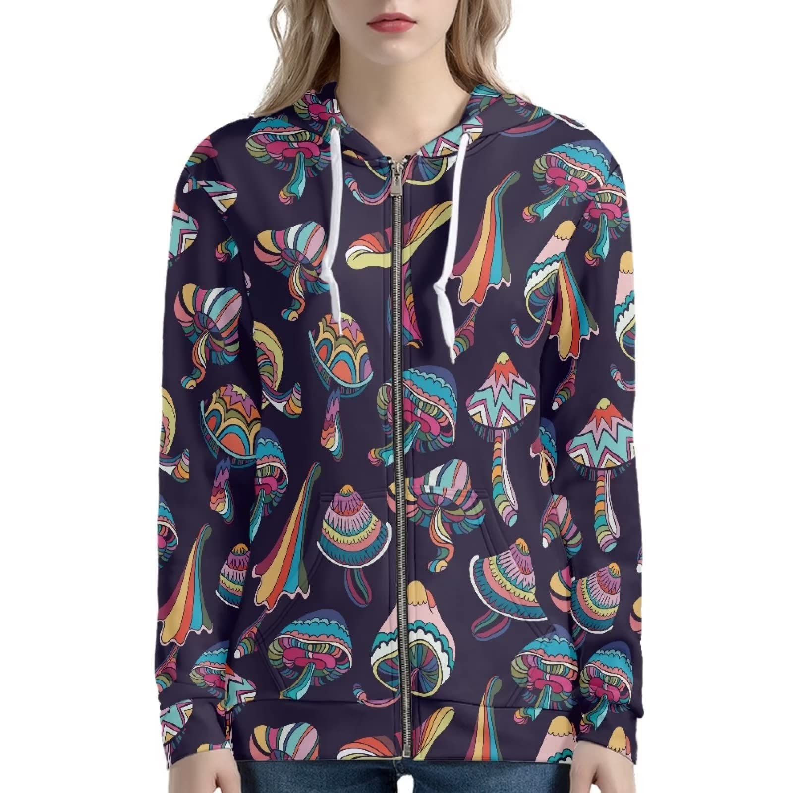 Xoenoiee Damskie bluzy z kapturem z kieszeniami, długi rękaw, kurtka z kapturem, zamek błyskawiczny, dziewczęca, oversize, odzież uliczna, Grzyb, XS