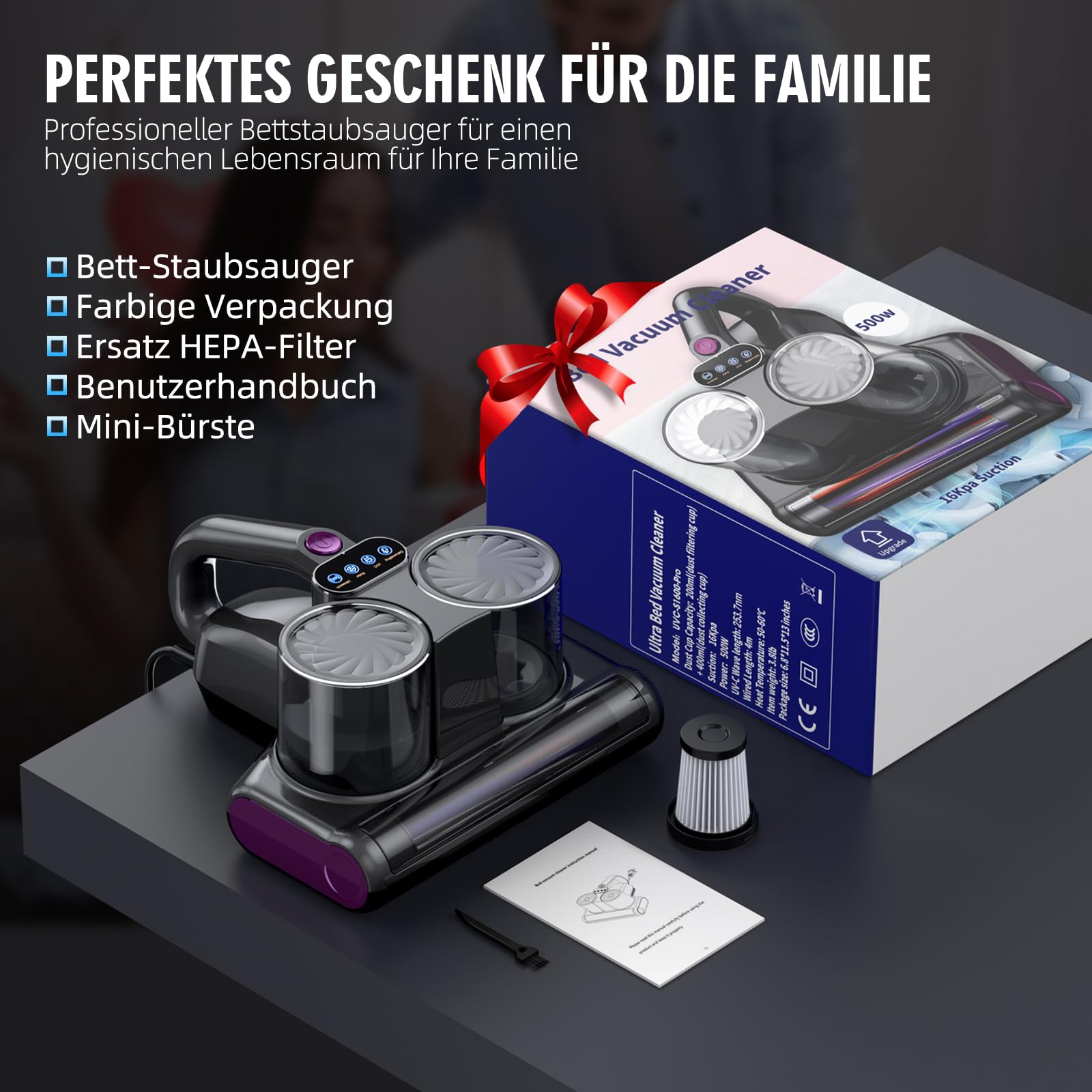 Milbensauger für Matratzen Milbenstaubsauger mit 253,7nm UV-Licht 16Kpa Bett-Staubsauger Bürstenwalzenklopfen HEPA Filter Ultraschall Heißer Wind Funktion Verbreiterte Saugöffnung