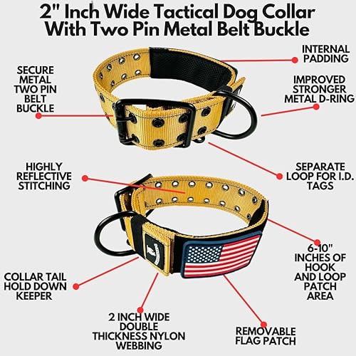 Miniatura 2 de Collar táctico personalizado para perro de 2 pulgadas, estilo militar ancho y grueso con cierre de hebilla de cinturón, parche de bandera
