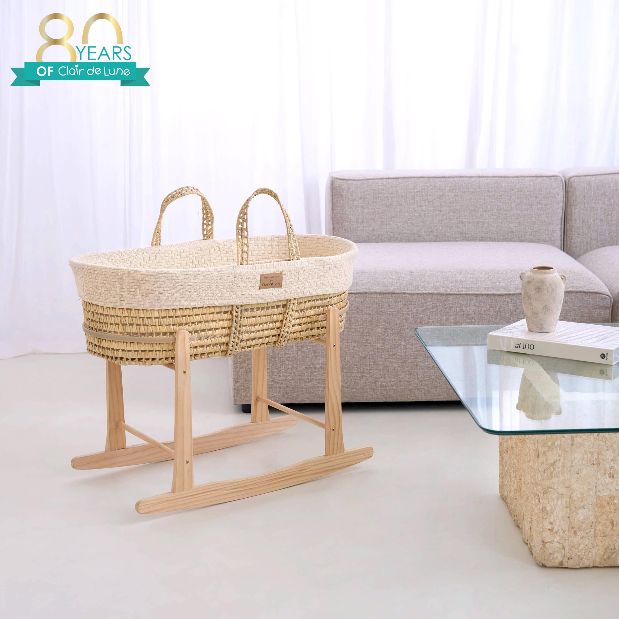 Clair de Lune Moisés de Punto orgánico con Cesta de Palma Natural, apósito de Punto orgánico y colchón de bambú Natural, 75 x 28 cm (Crema)