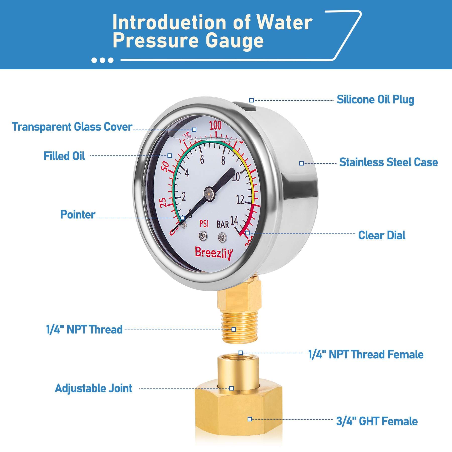 Manómetro para prueba de agua, esfera de 2,5", 0-200 PSI/0-1,4 MPA, relleno de glicerina líquida, rosca NPT de 1/4", con adaptador de 1/4 a 3/4 (móvil y flexible), para pruebas de presión de agua, a