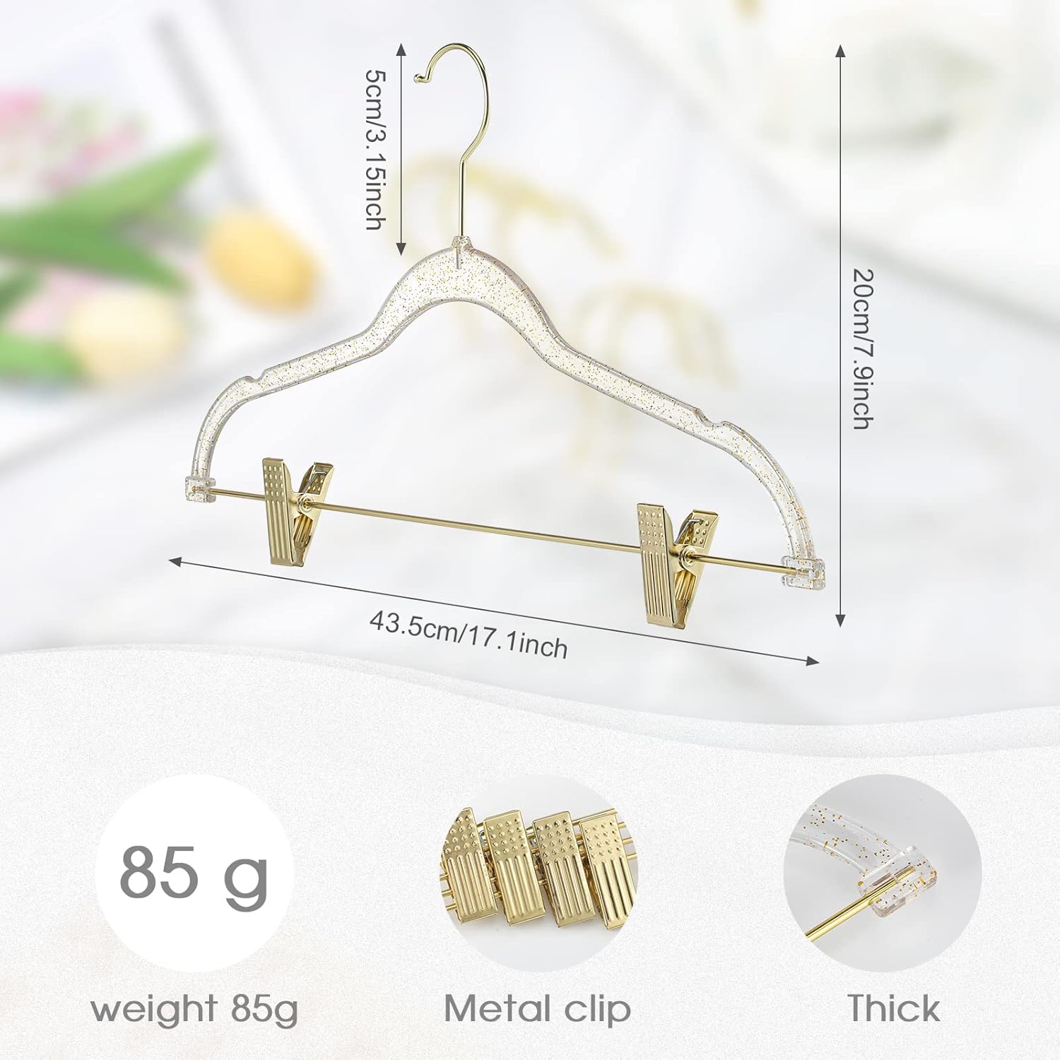 Hoolerry 10 Pcs Clear Gold Hangers with Clips Acrylic Glitter Hangers with Non Slip17 x 8 Inches Plastic Skirt Pants Storage and Organizer for Clothes Skirt Trousers Jeans(Gold) - Image 3