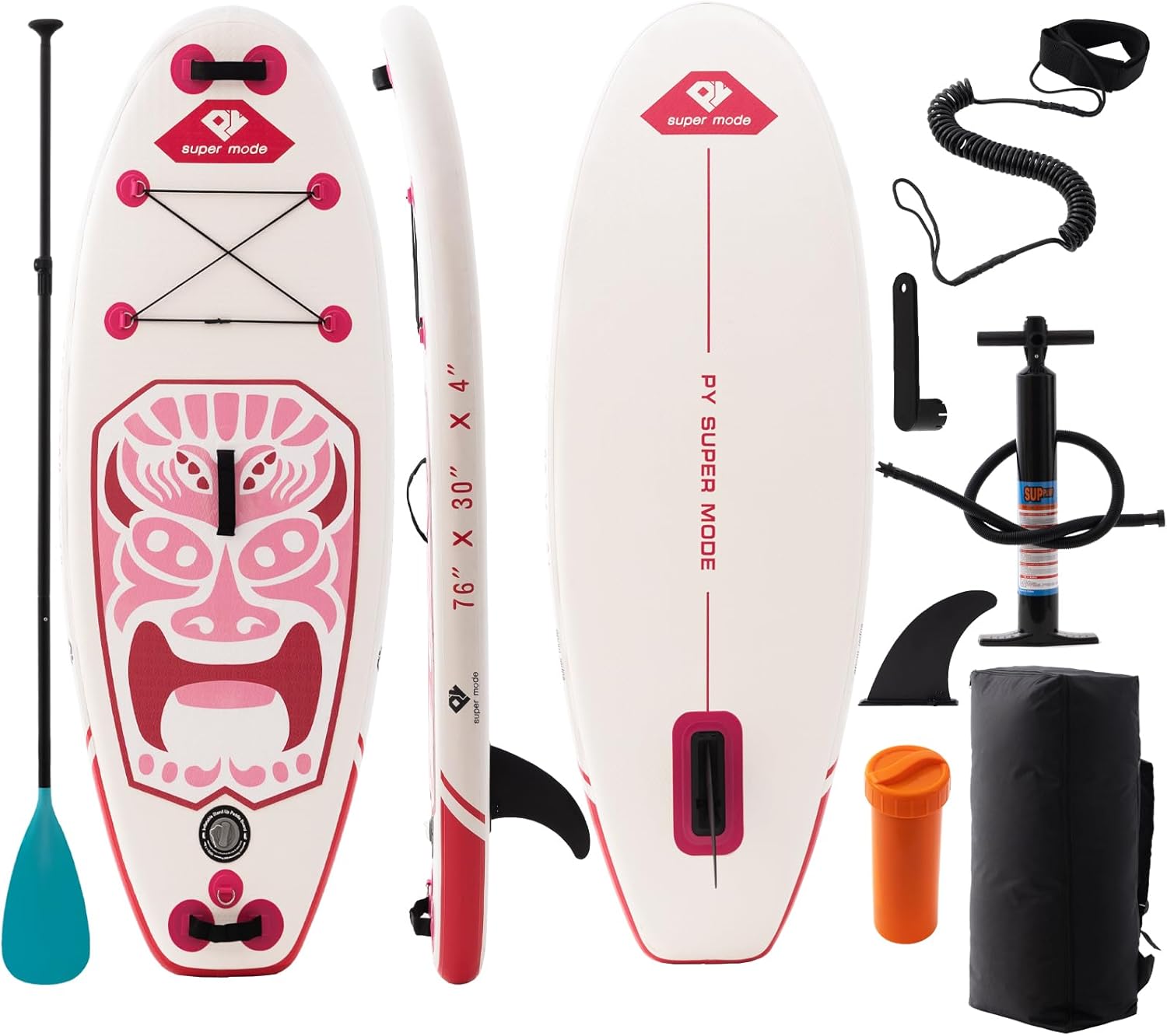 Inflatable Stand Up Paddle Board with Premium SUP Accessories - Backpack, Adjustable Paddle, Non-Slip Deck, Hand Pump, Leash, Fins, Waterproof Bag Pink White