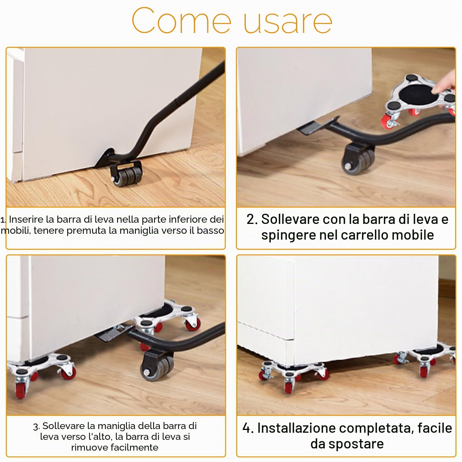 Kit Sposta Mobili con Ruote, 5 Pezzi Ruote Girevoli per Spostare Mobili, Carico Fino a 400kg, Rotelle per Mobili Pesanti, Sollevatore Mobili, Ruote per Carrello con Freno, Rotelle per Lavatrice