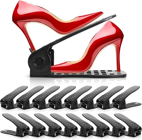 Goaste Paquete de 16 ranuras para zapatos, almacenamiento ajustable de plástico, apilador de zapatos de doble cubierta, soporte para zapatos de 4